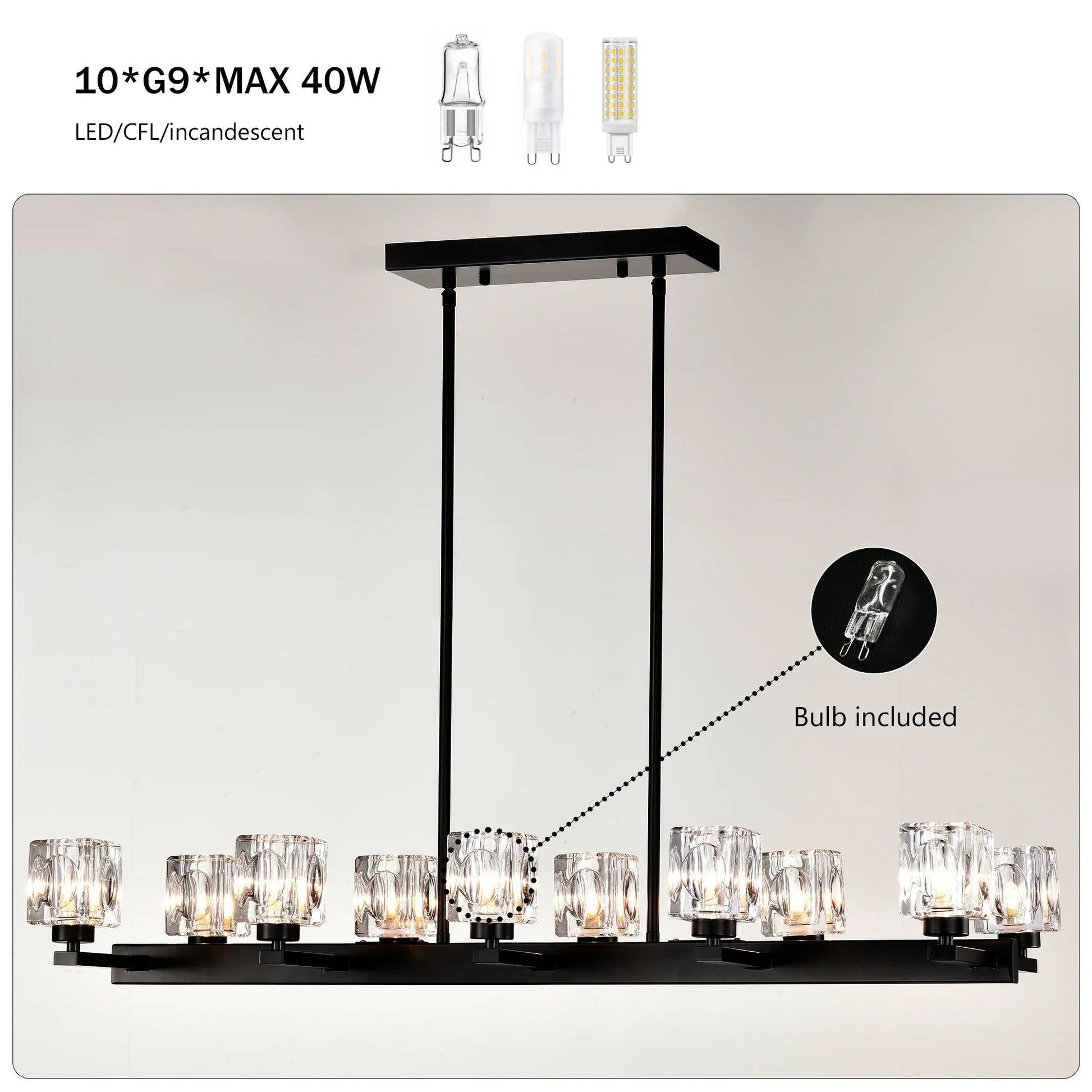 10-Light Black Linear Crystal Chandelier | Farmhouse Modern Pendant Light for Dining Room, Kitchen Island & Living Room — 35.67" Wide