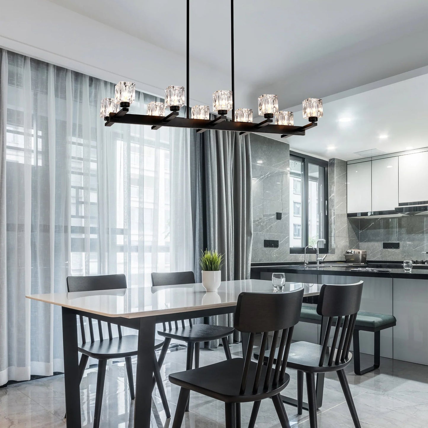 10-Light Black Linear Crystal Chandelier | Farmhouse Modern Pendant Light for Dining Room, Kitchen Island & Living Room — 35.67" Wide