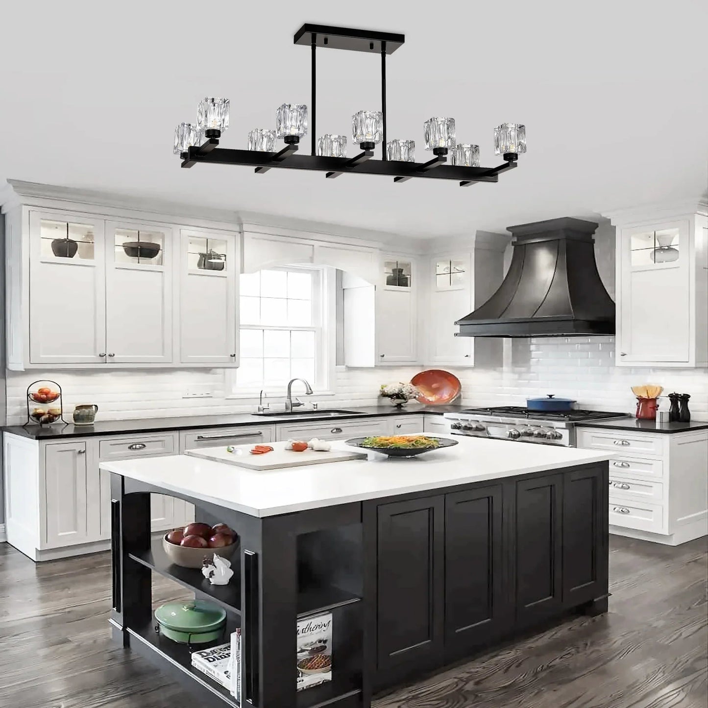10-Light Black Linear Crystal Chandelier | Farmhouse Modern Pendant Light for Dining Room, Kitchen Island & Living Room — 35.67" Wide