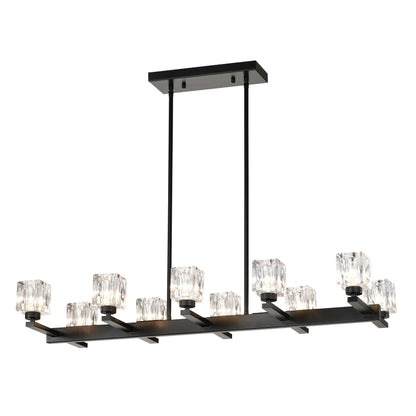 10-Light Black Linear Crystal Chandelier | Farmhouse Modern Pendant Light for Dining Room, Kitchen Island & Living Room — 35.67" Wide