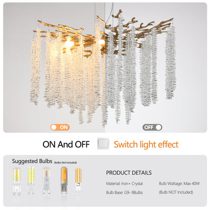 Crystal Waterfall Chandelier | 8-Light Gold Modern Ceiling Light with Cascading Crystal Strands — 24" or 39", Living Room, Dining Room & Foyer