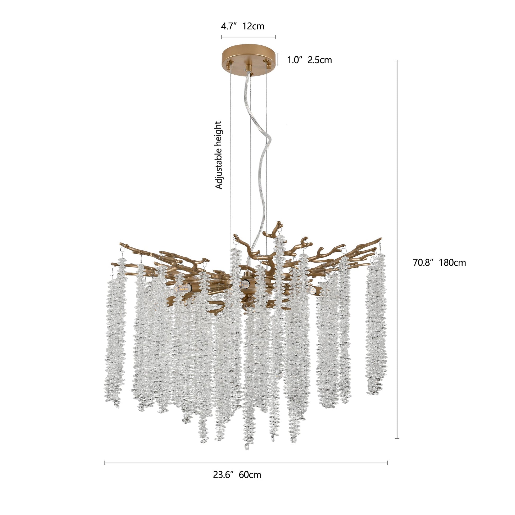 Crystal Waterfall Chandelier | 8-Light Gold Modern Ceiling Light with Cascading Crystal Strands — 24" or 39", Living Room, Dining Room & Foyer