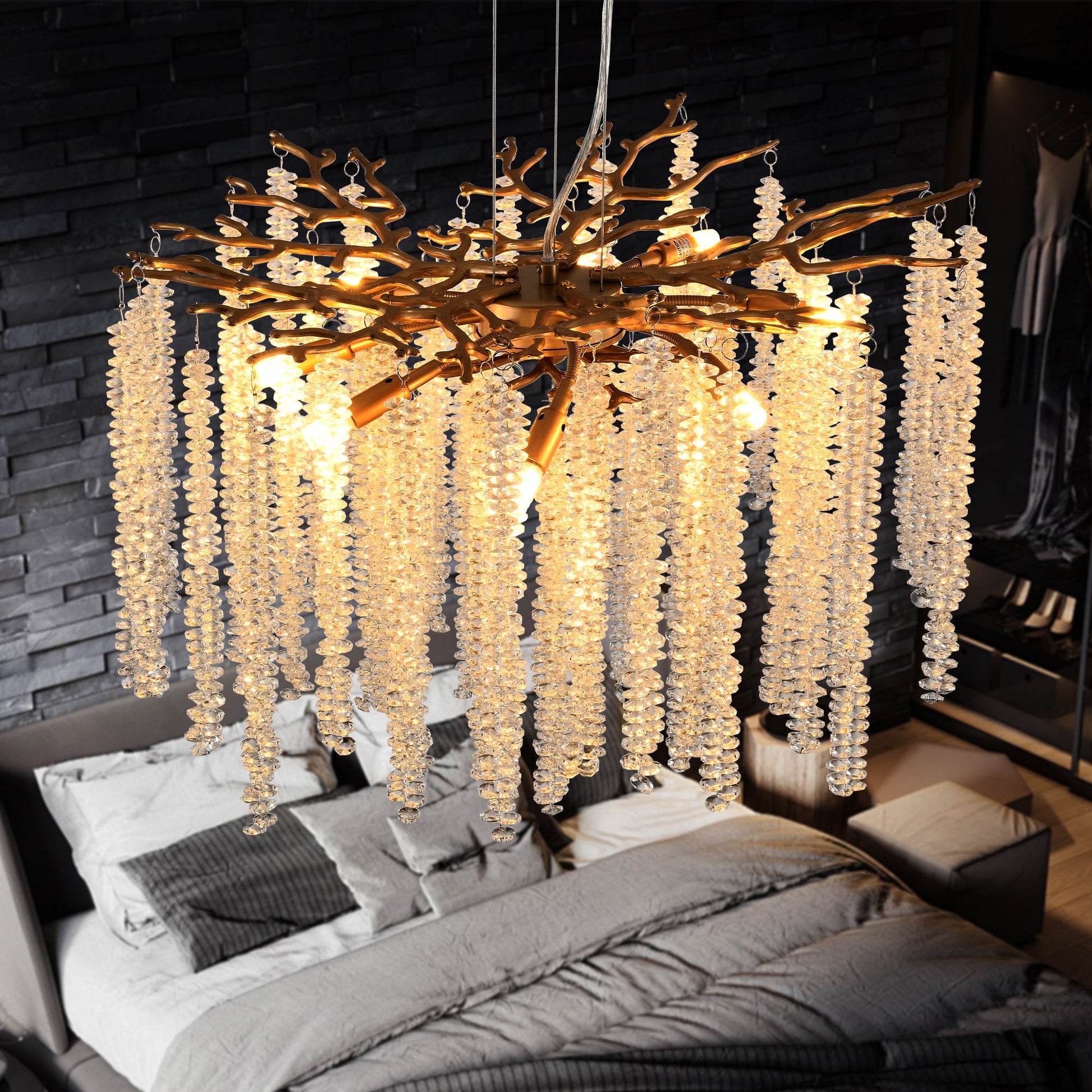 Crystal Waterfall Chandelier | 8-Light Gold Modern Ceiling Light with Cascading Crystal Strands — 24" or 39", Living Room, Dining Room & Foyer