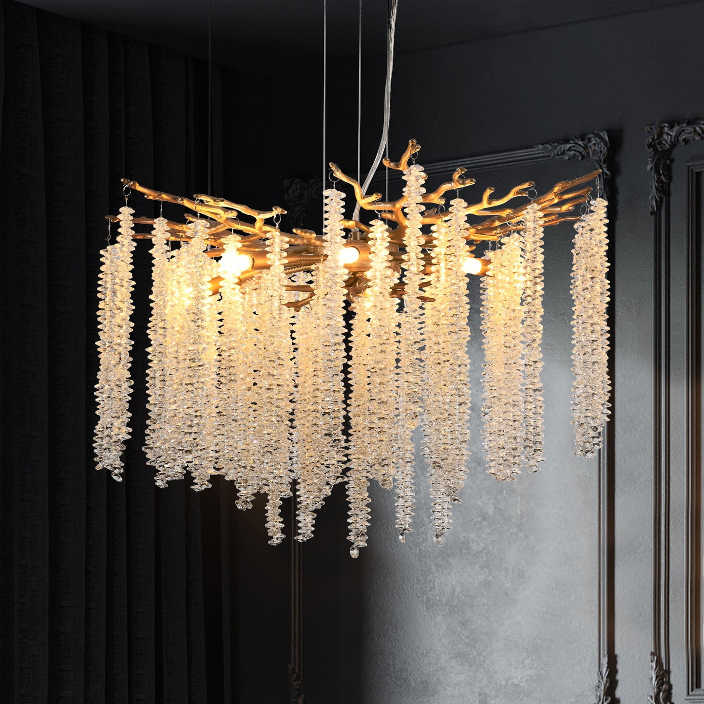Crystal Waterfall Chandelier | 8-Light Gold Modern Ceiling Light with Cascading Crystal Strands — 24" or 39", Living Room, Dining Room & Foyer