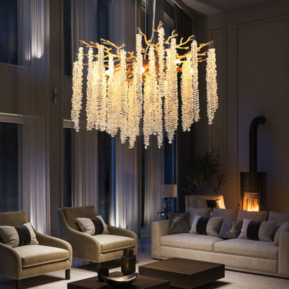 Crystal Waterfall Chandelier | 8-Light Gold Modern Ceiling Light with Cascading Crystal Strands — 24" or 39", Living Room, Dining Room & Foyer