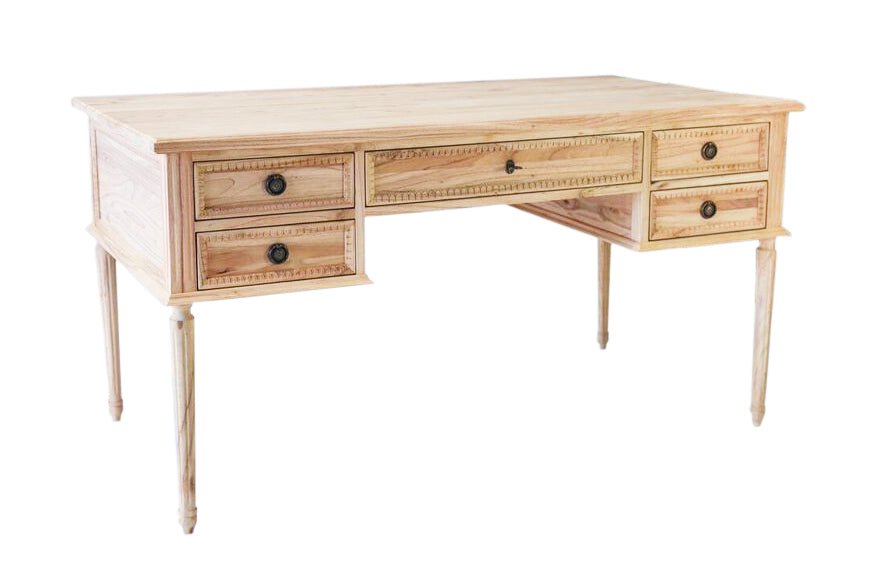 Colette Desk | French Neoclassical Carved Oak, Fluted Legs & Antique Brass Hardware