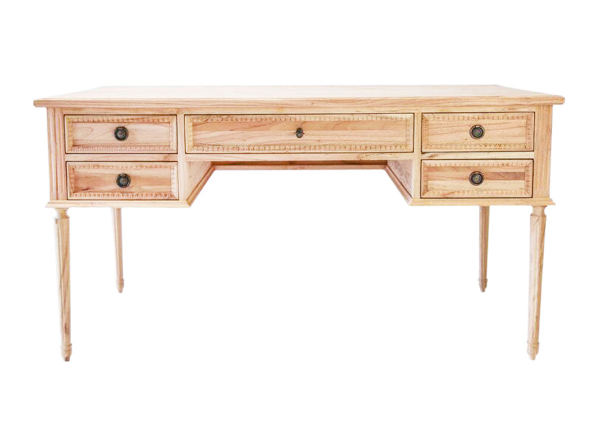 Colette Desk | French Neoclassical Carved Oak, Fluted Legs & Antique Brass Hardware