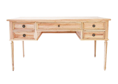 Colette Desk | French Neoclassical Carved Oak, Fluted Legs & Antique Brass Hardware