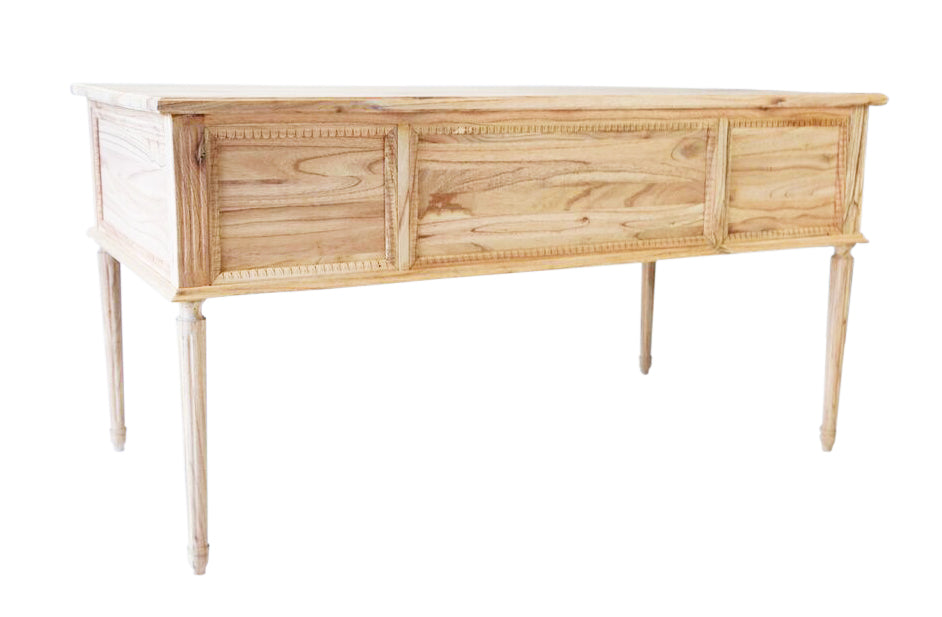 Colette Desk | French Neoclassical Carved Oak, Fluted Legs & Antique Brass Hardware