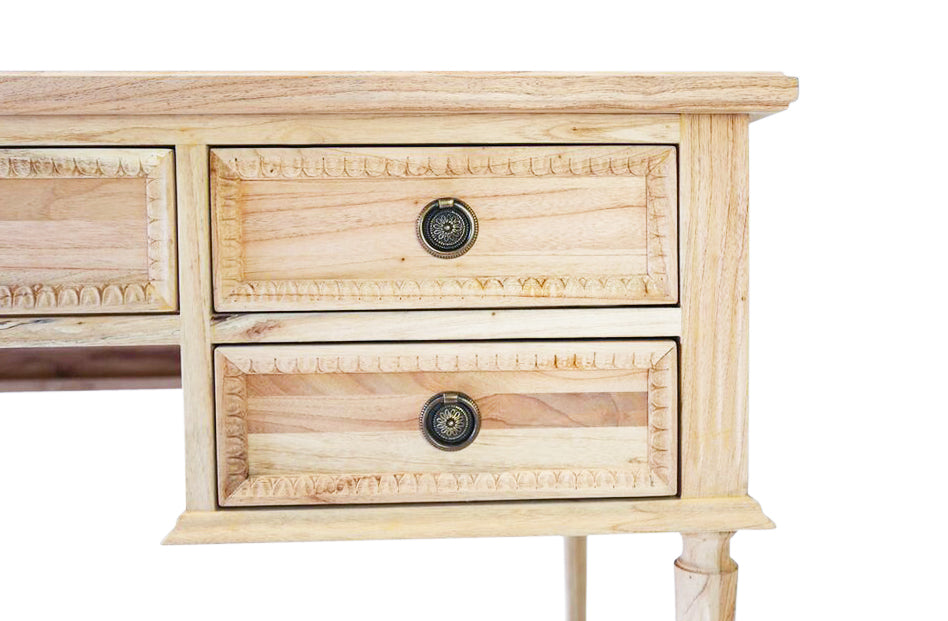Colette Desk | French Neoclassical Carved Oak, Fluted Legs & Antique Brass Hardware