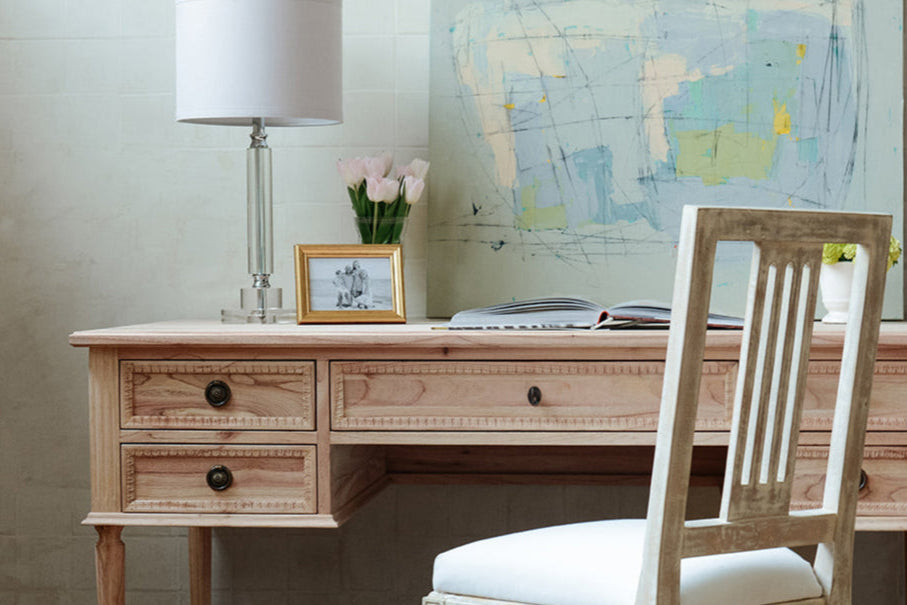 Colette Desk | French Neoclassical Carved Oak, Fluted Legs & Antique Brass Hardware