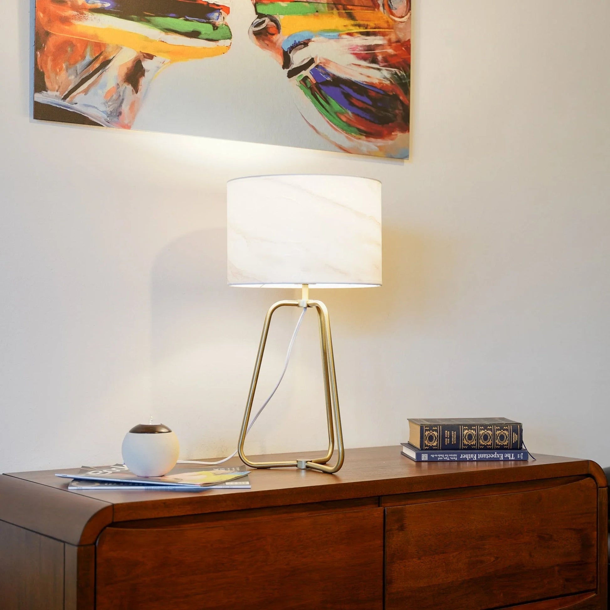 Table Lamp – Marble-Pattern Cylinder Shade & Bronze Metal Base | Mid-Century Modern Bedside & Desk Lamp