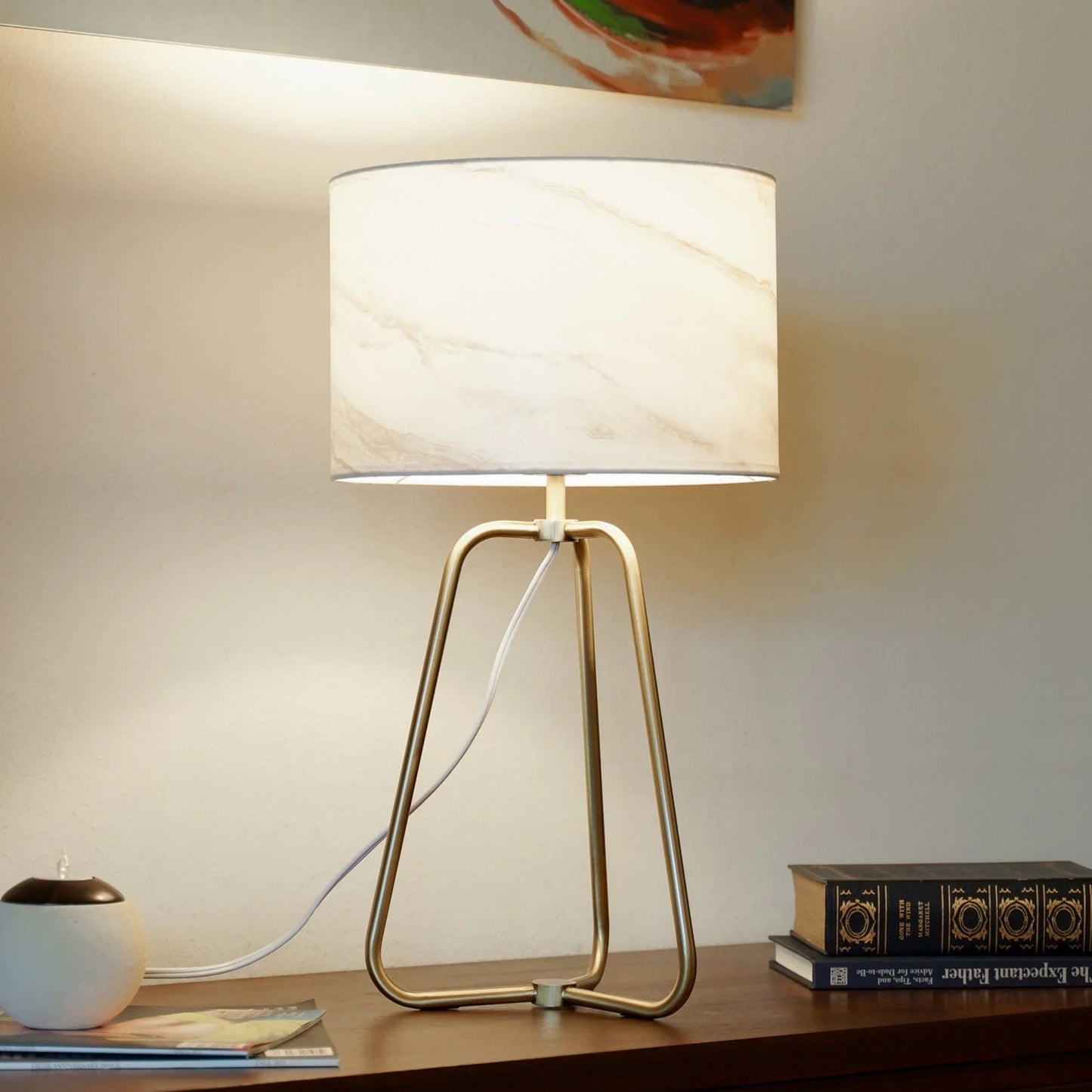 Table Lamp – Marble-Pattern Cylinder Shade & Bronze Metal Base | Mid-Century Modern Bedside & Desk Lamp