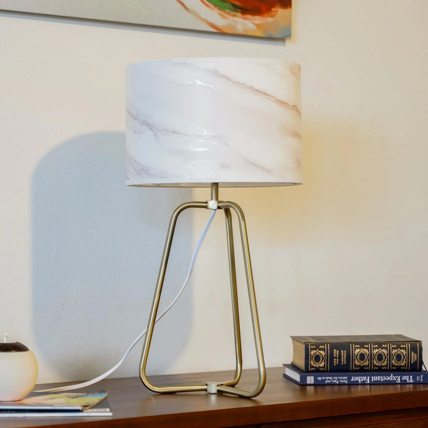 Table Lamp – Marble-Pattern Cylinder Shade & Bronze Metal Base | Mid-Century Modern Bedside & Desk Lamp