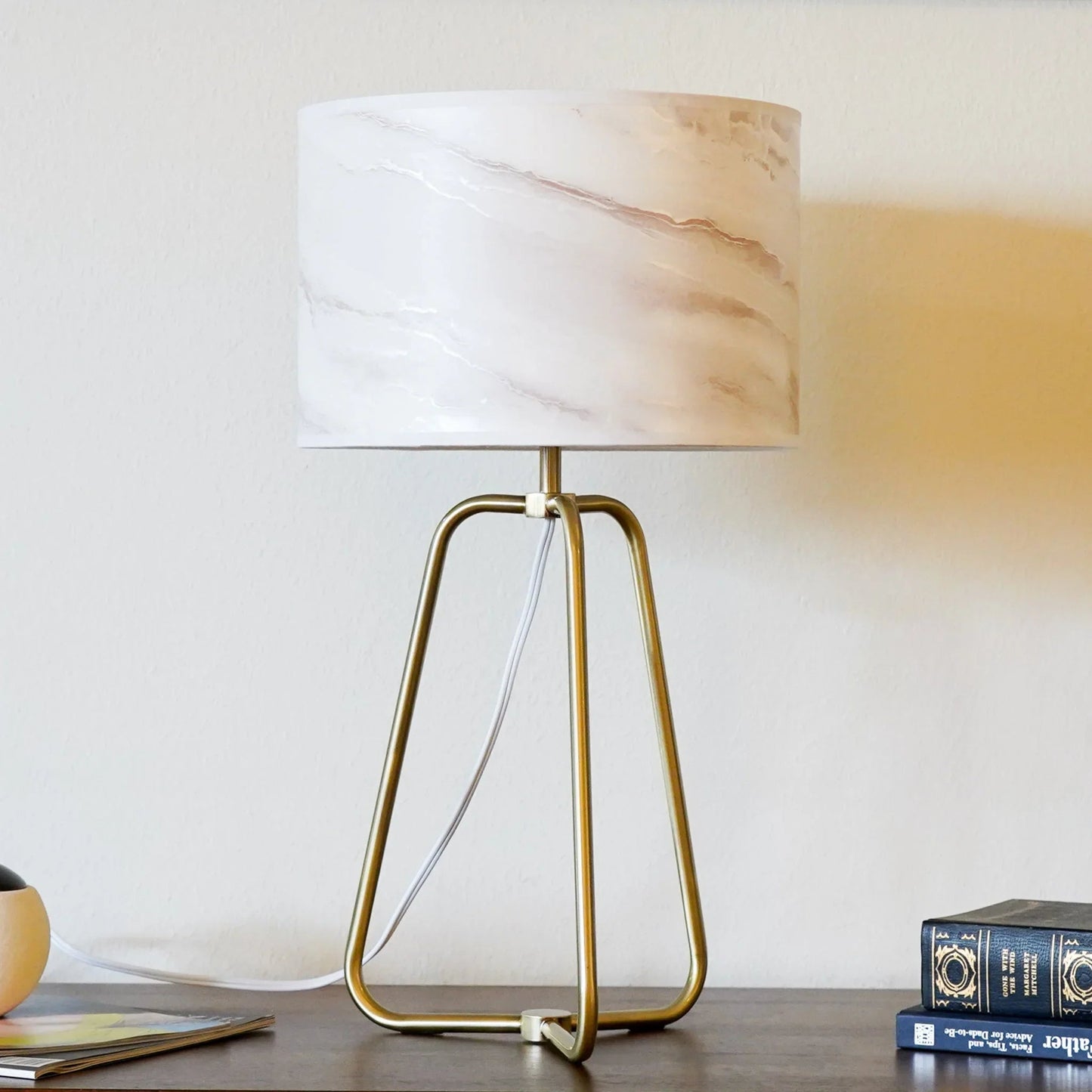 Table Lamp – Marble-Pattern Cylinder Shade & Bronze Metal Base | Mid-Century Modern Bedside & Desk Lamp