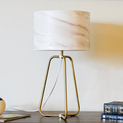 Table Lamp – Marble-Pattern Cylinder Shade & Bronze Metal Base | Mid-Century Modern Bedside & Desk Lamp