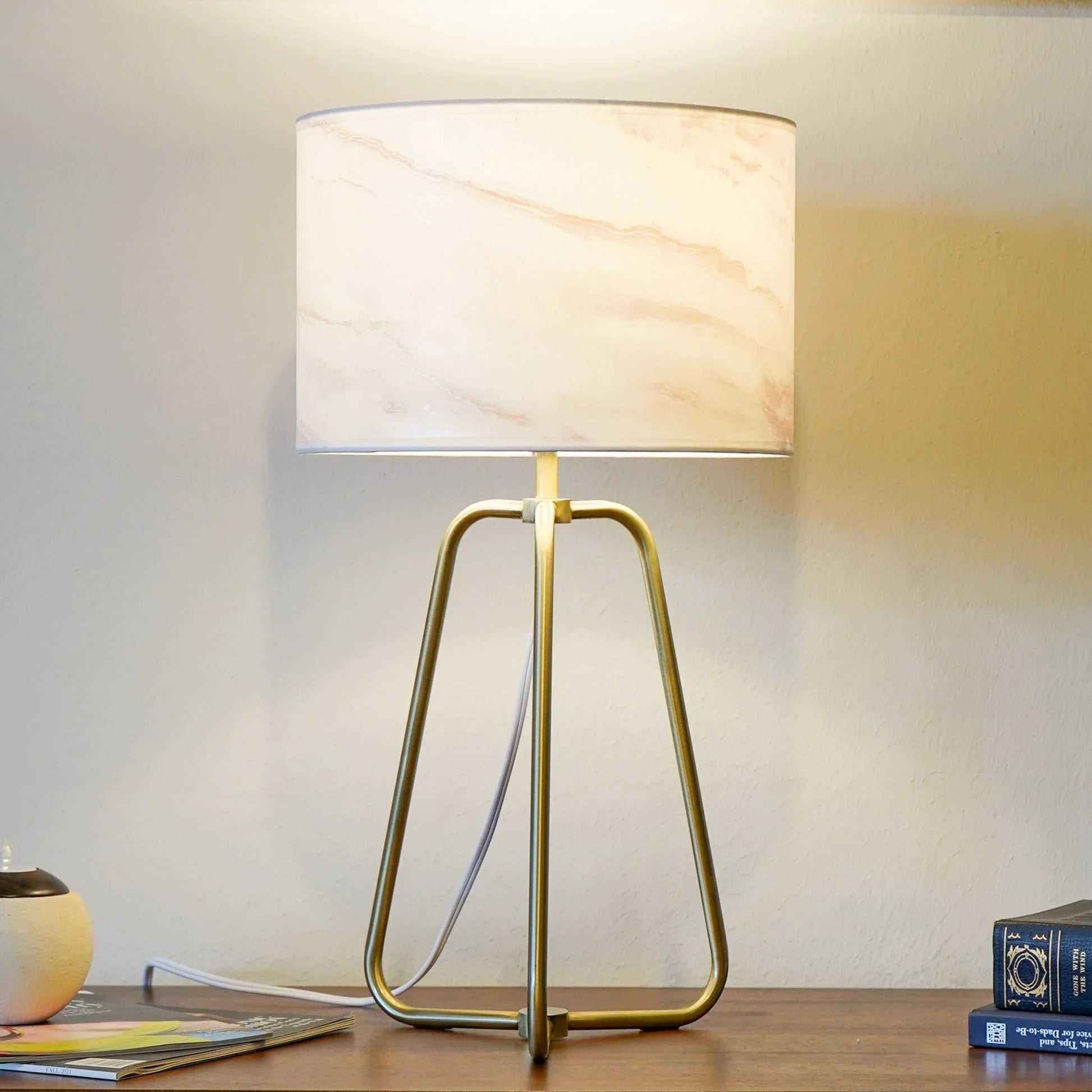 Table Lamp – Marble-Pattern Cylinder Shade & Bronze Metal Base | Mid-Century Modern Bedside & Desk Lamp