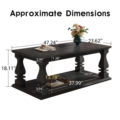 Farmhouse Coffee Table with Storage Shelf 47" Rustic Solid Wood Planked Top & Square Baluster Legs