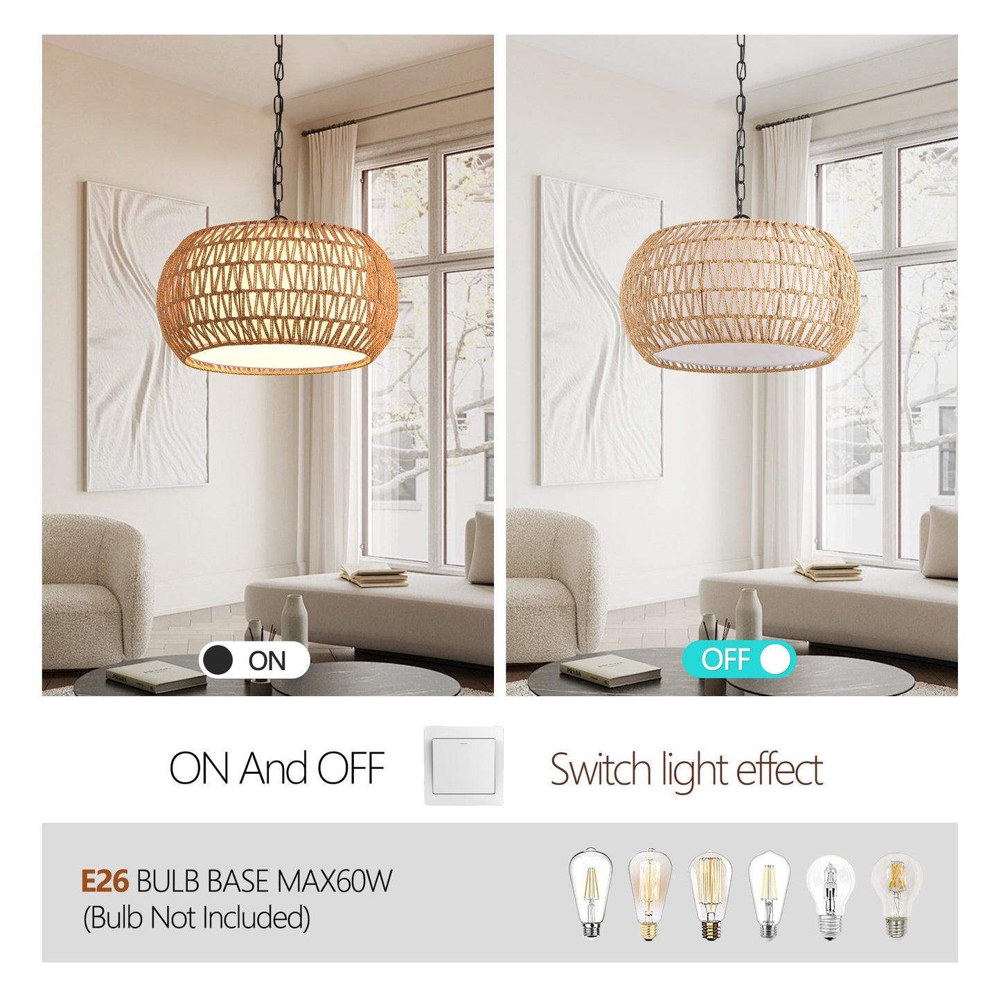 Farmhouse Pendant Light with Adjustable Height, Boho Woven Jute Rope Hanging Ceiling Light Fixture
