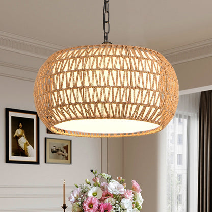 Farmhouse Pendant Light with Adjustable Height, Boho Woven Jute Rope Hanging Ceiling Light Fixture