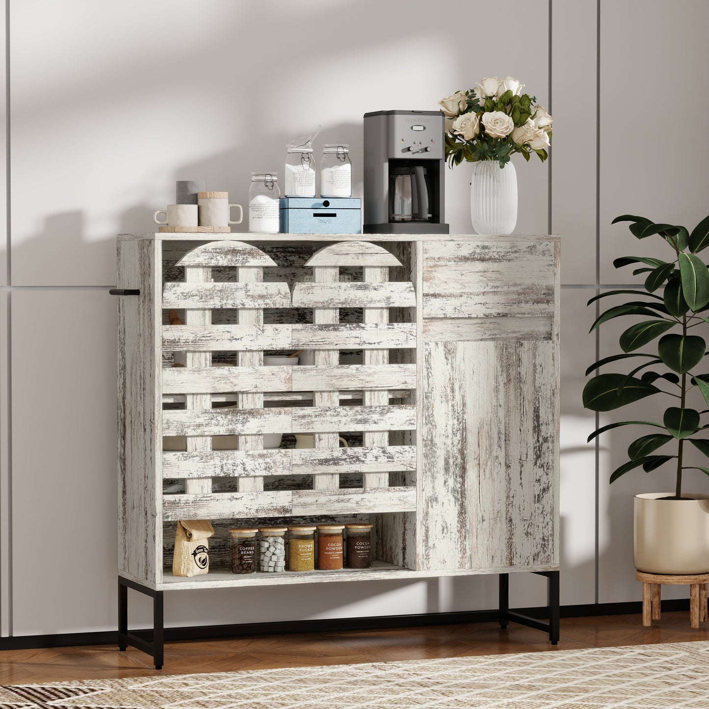 Farmhouse Sideboard Cabinet with Arched Lattice Doors, Drawer & Open Shelves 44.3" Rustic Coffee Bar & Console Table