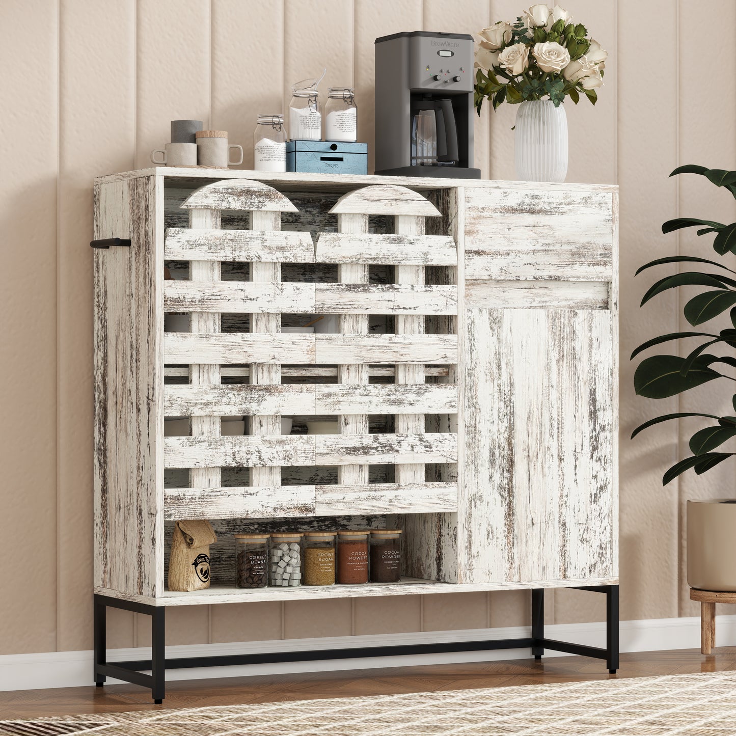 Farmhouse Sideboard Cabinet with Arched Lattice Doors, Drawer & Open Shelves 44.3" Rustic Coffee Bar & Console Table