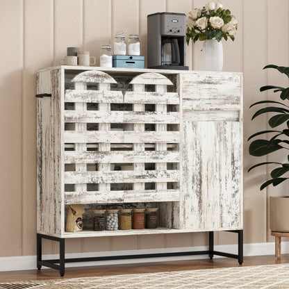 Farmhouse Sideboard Cabinet with Arched Lattice Doors, Drawer & Open Shelves 44.3" Rustic Coffee Bar & Console Table