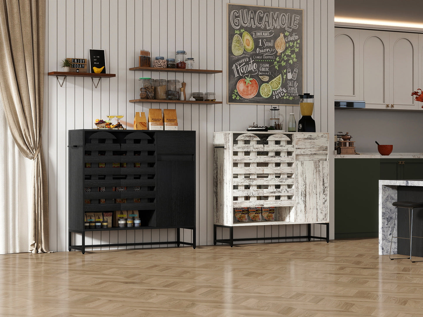 Farmhouse Sideboard Cabinet with Arched Lattice Doors, Drawer & Open Shelves 44.3" Rustic Coffee Bar & Console Table