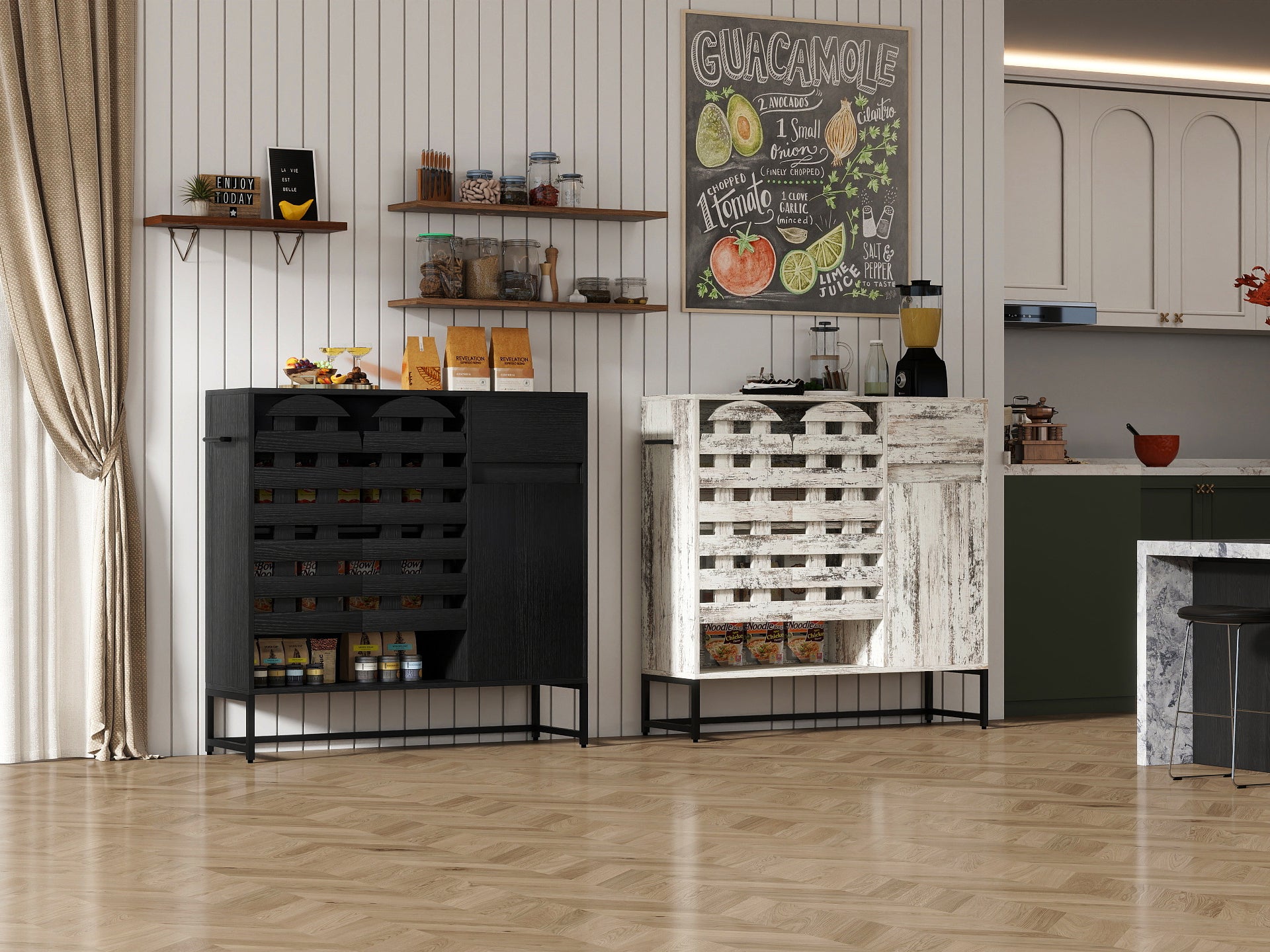 Farmhouse Sideboard Cabinet with Arched Lattice Doors, Drawer & Open Shelves 44.3" Rustic Coffee Bar & Console Table