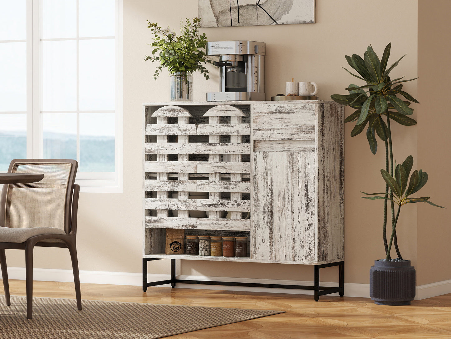 Farmhouse Sideboard Cabinet with Arched Lattice Doors, Drawer & Open Shelves 44.3" Rustic Coffee Bar & Console Table