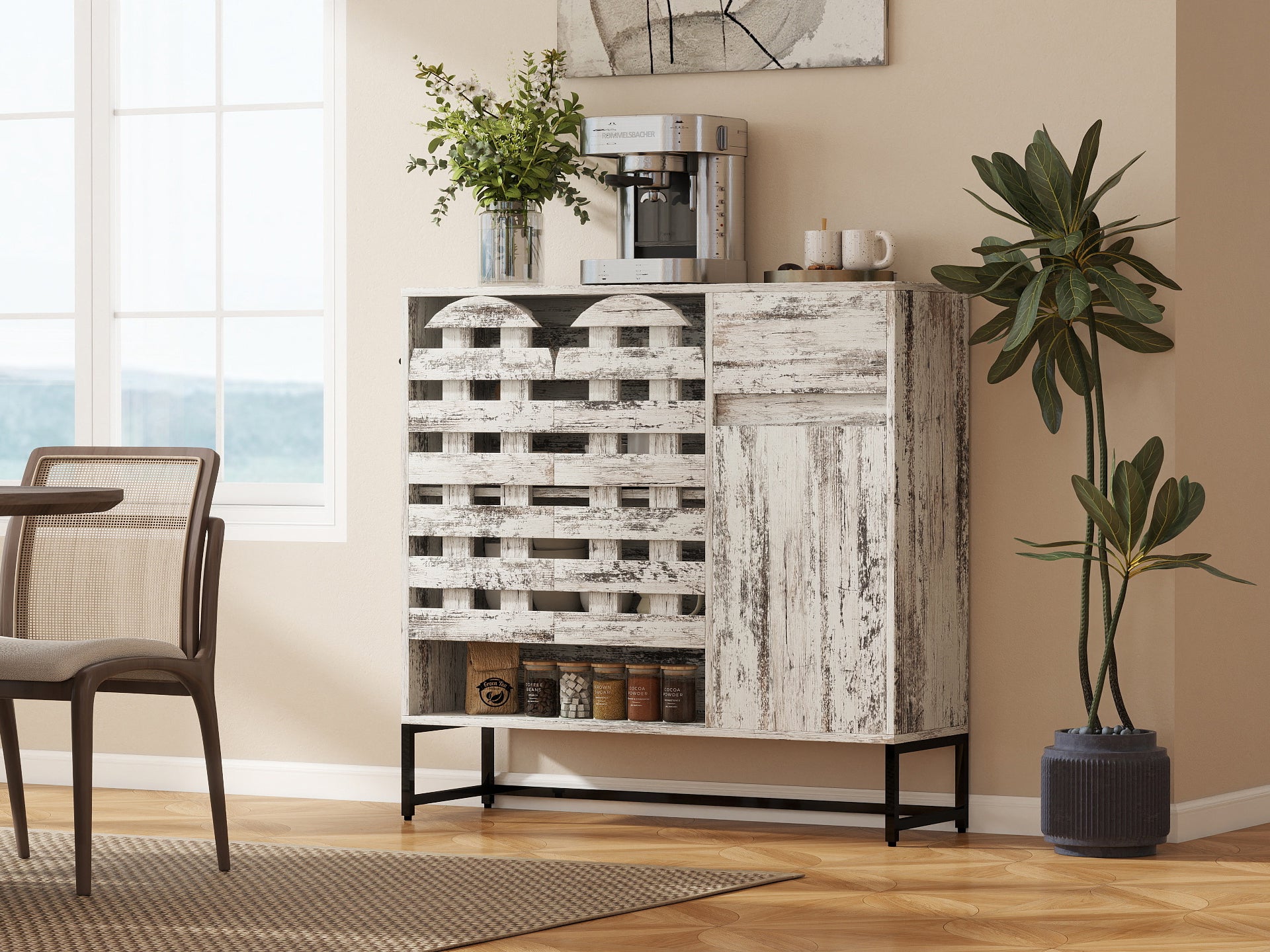 Farmhouse Sideboard Cabinet with Arched Lattice Doors, Drawer & Open Shelves 44.3" Rustic Coffee Bar & Console Table