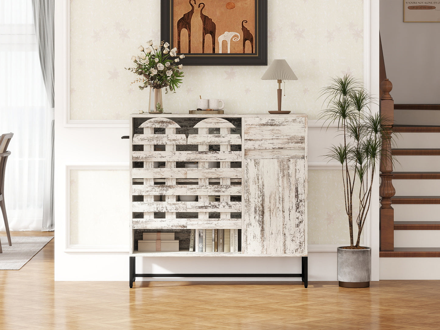 Farmhouse Sideboard Cabinet with Arched Lattice Doors, Drawer & Open Shelves 44.3" Rustic Coffee Bar & Console Table