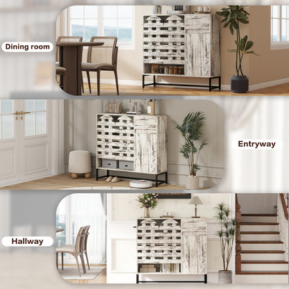 Farmhouse Sideboard Cabinet with Arched Lattice Doors, Drawer & Open Shelves 44.3" Rustic Coffee Bar & Console Table
