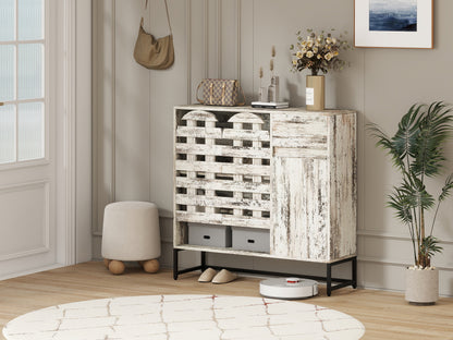 Farmhouse Sideboard Cabinet with Arched Lattice Doors, Drawer & Open Shelves 44.3" Rustic Coffee Bar & Console Table
