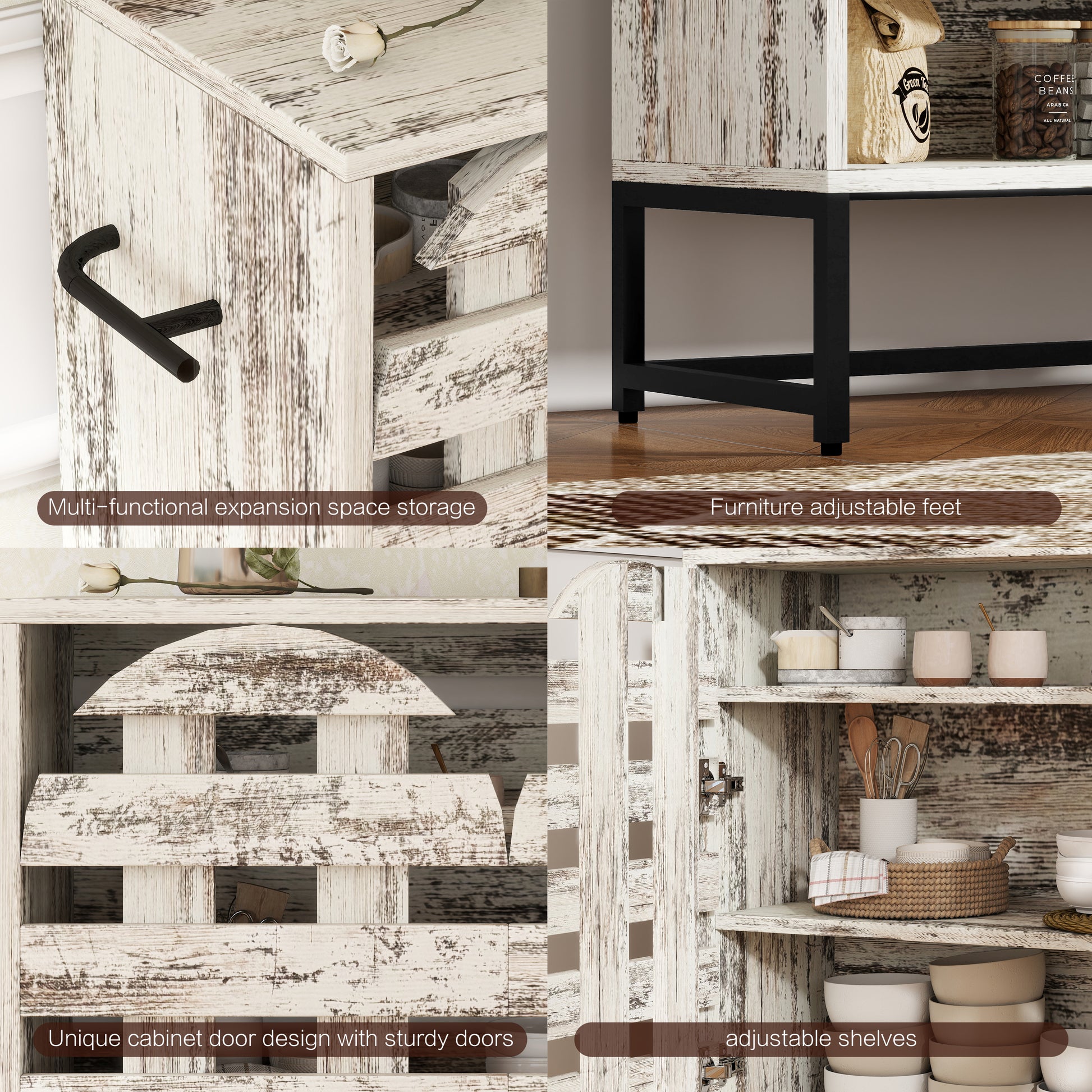 Farmhouse Sideboard Cabinet with Arched Lattice Doors, Drawer & Open Shelves 44.3" Rustic Coffee Bar & Console Table