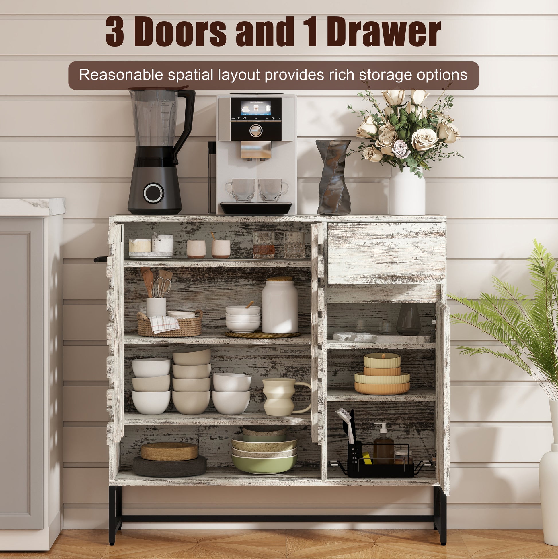 Farmhouse Sideboard Cabinet with Arched Lattice Doors, Drawer & Open Shelves 44.3" Rustic Coffee Bar & Console Table