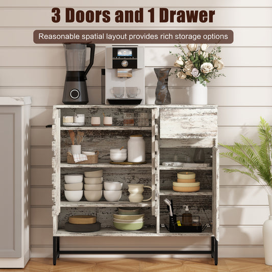 Farmhouse Sideboard Cabinet with Arched Lattice Doors, Drawer & Open Shelves 44.3" Rustic Coffee Bar & Console Table