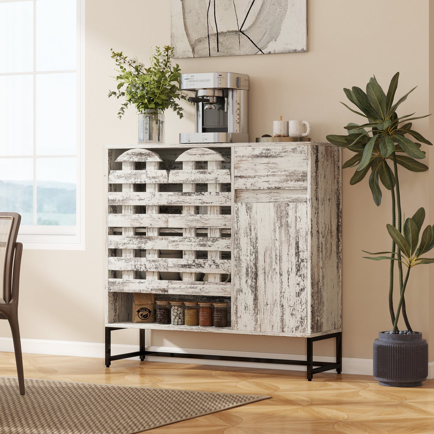 Farmhouse Sideboard Cabinet with Arched Lattice Doors, Drawer & Open Shelves 44.3" Rustic Coffee Bar & Console Table