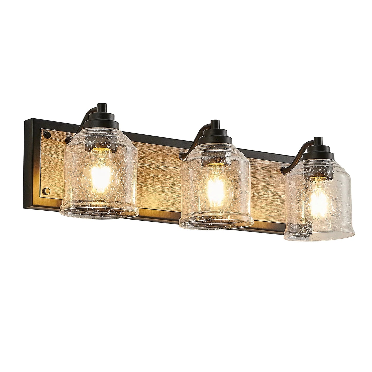 Farmhouse Vanity Light Fixture | 3/4/5/6-Light Bathroom Wall Sconce with Clear Seeded Glass Shades & Antique Wood Backplate 3-light