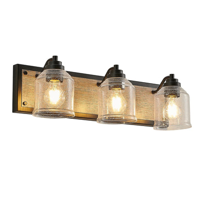 Farmhouse Vanity Light Fixture | 3/4/5/6-Light Bathroom Wall Sconce with Clear Seeded Glass Shades & Antique Wood Backplate 3-light