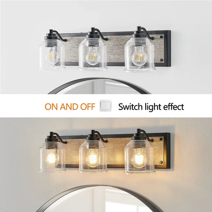 Farmhouse Vanity Light Fixture | 3/4/5/6-Light Bathroom Wall Sconce with Clear Seeded Glass Shades & Antique Wood Backplate