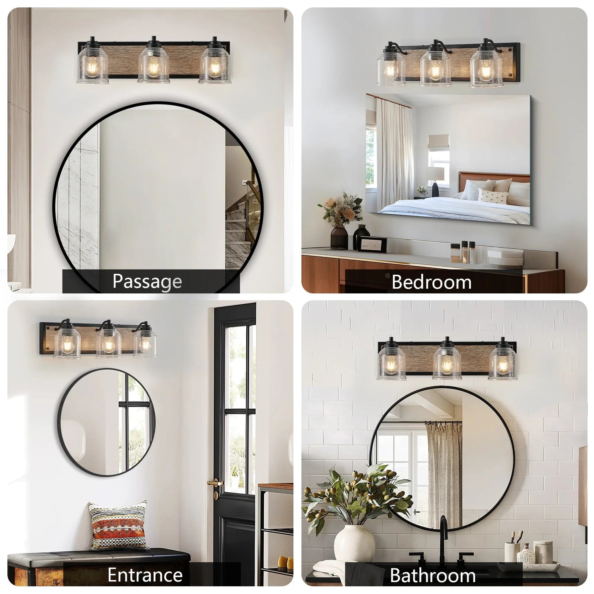 Farmhouse Vanity Light Fixture | 3/4/5/6-Light Bathroom Wall Sconce with Clear Seeded Glass Shades & Antique Wood Backplate
