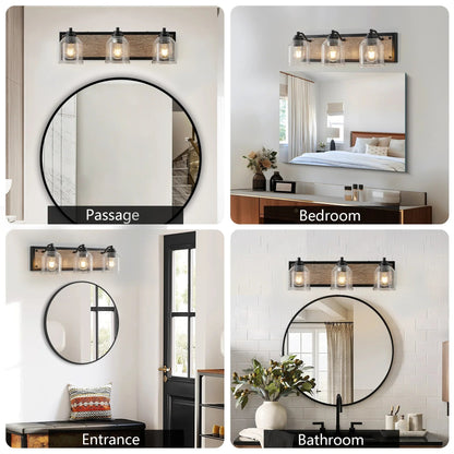 Farmhouse Vanity Light Fixture | 3/4/5/6-Light Bathroom Wall Sconce with Clear Seeded Glass Shades & Antique Wood Backplate