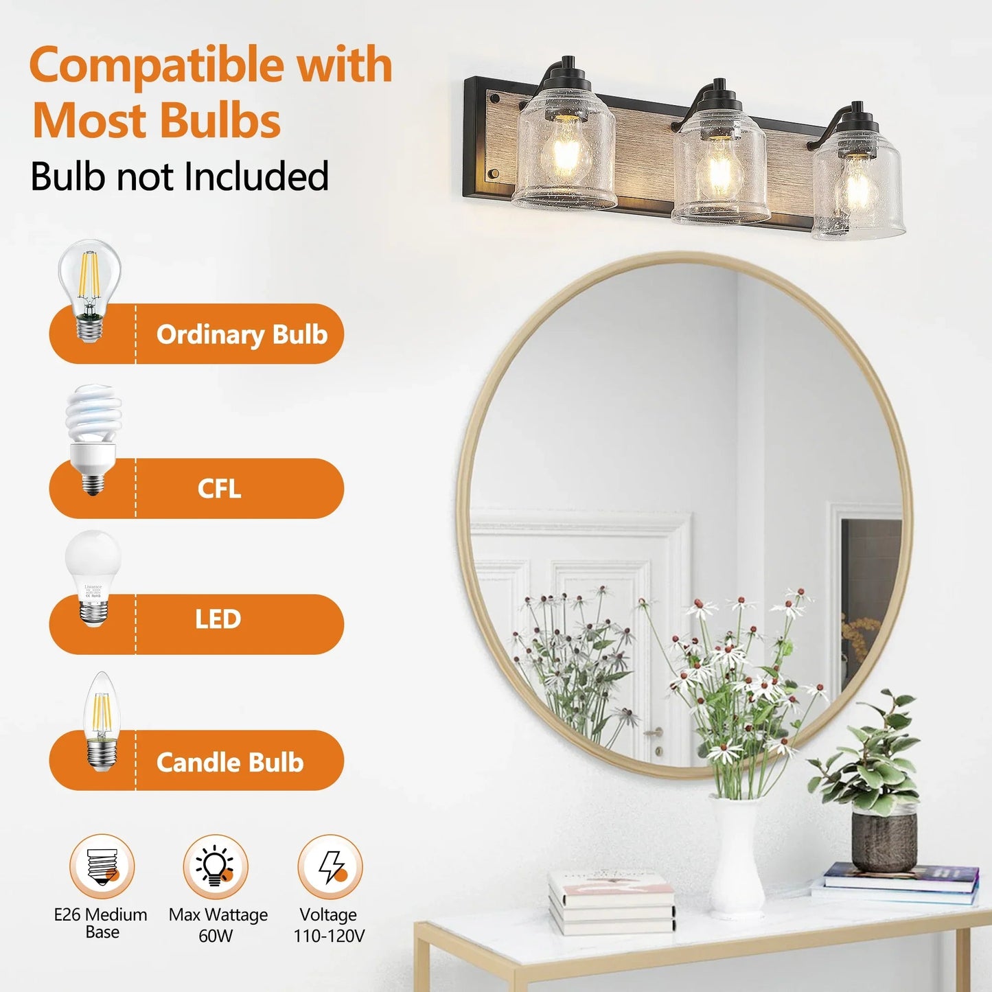 Farmhouse Vanity Light Fixture | 3/4/5/6-Light Bathroom Wall Sconce with Clear Seeded Glass Shades & Antique Wood Backplate