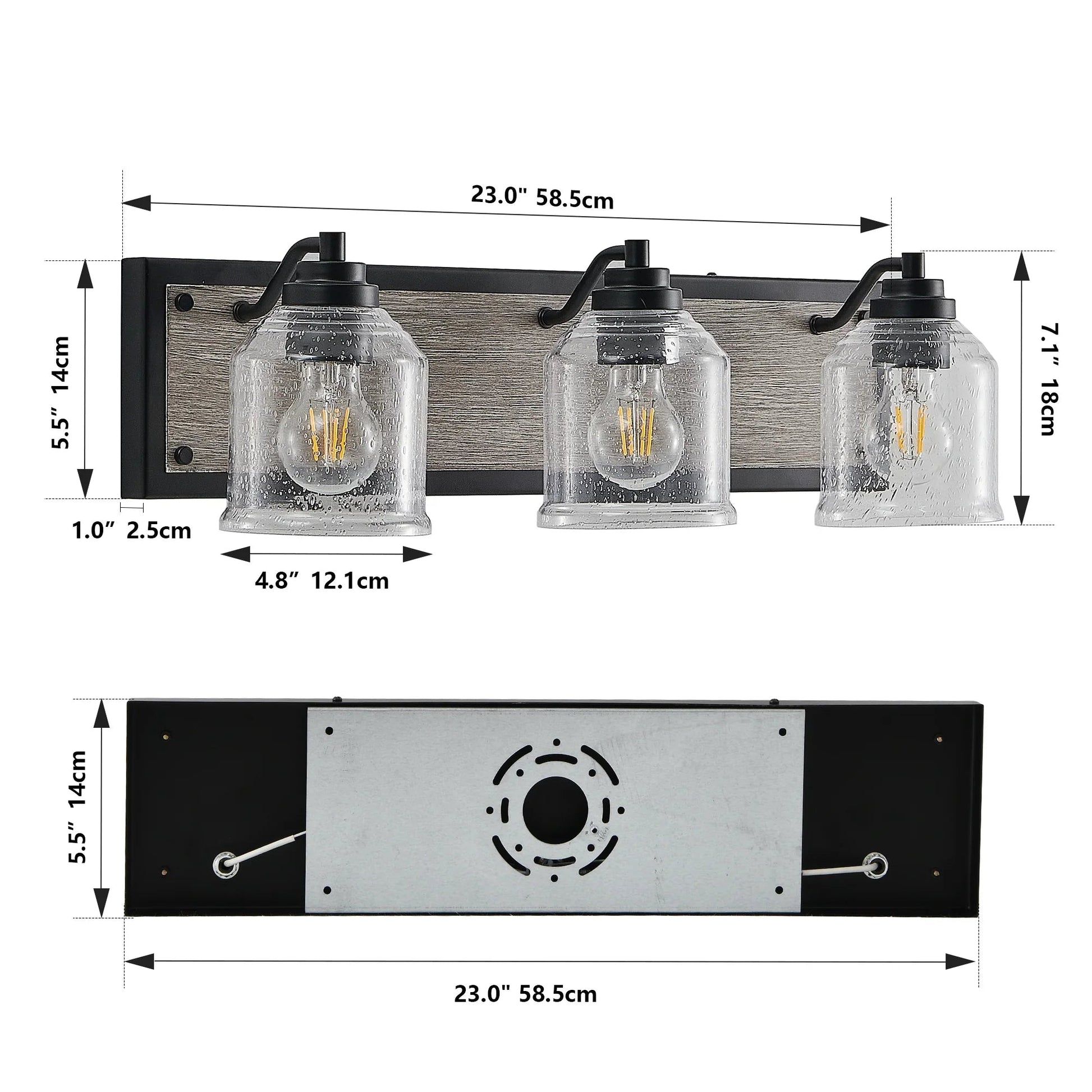 Farmhouse Vanity Light Fixture | 3/4/5/6-Light Bathroom Wall Sconce with Clear Seeded Glass Shades & Antique Wood Backplate
