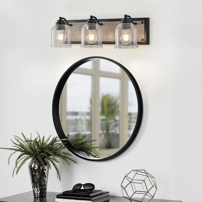 Farmhouse Vanity Light Fixture | 3/4/5/6-Light Bathroom Wall Sconce with Clear Seeded Glass Shades & Antique Wood Backplate