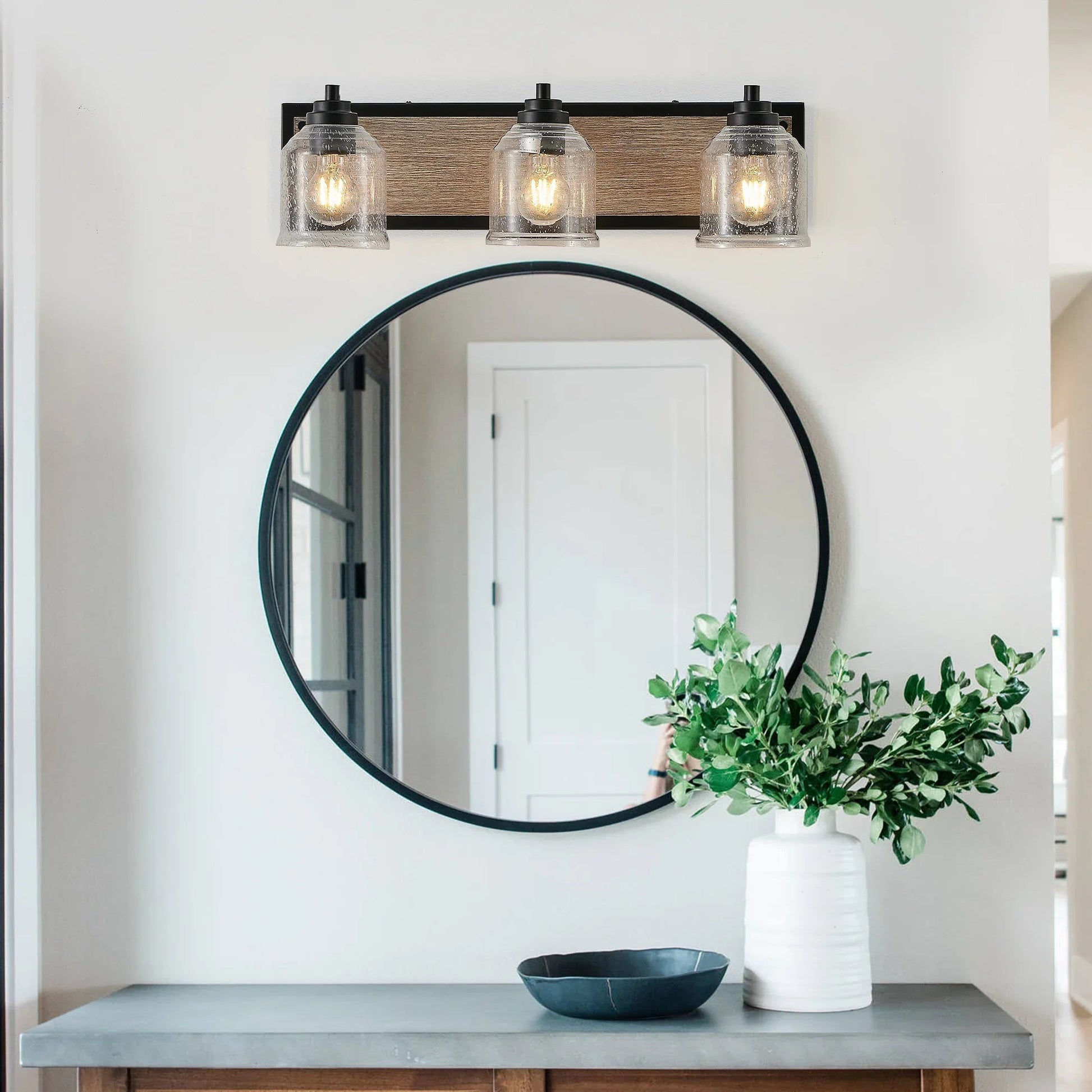 Farmhouse Vanity Light Fixture | 3/4/5/6-Light Bathroom Wall Sconce with Clear Seeded Glass Shades & Antique Wood Backplate