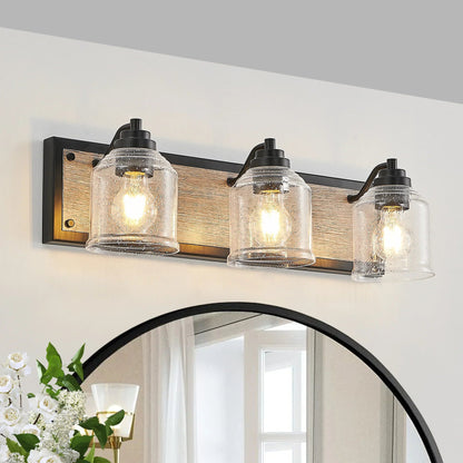 Farmhouse Vanity Light Fixture | 3/4/5/6-Light Bathroom Wall Sconce with Clear Seeded Glass Shades & Antique Wood Backplate