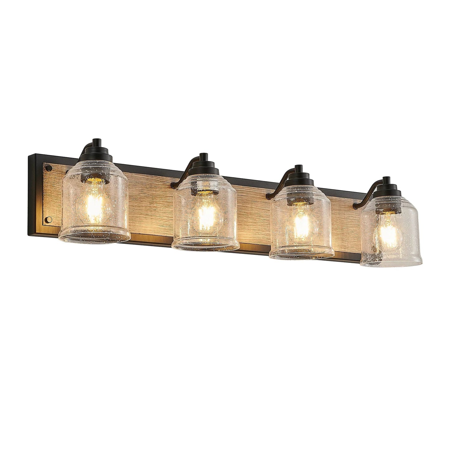 Farmhouse Vanity Light Fixture | 3/4/5/6-Light Bathroom Wall Sconce with Clear Seeded Glass Shades & Antique Wood Backplate 4-light