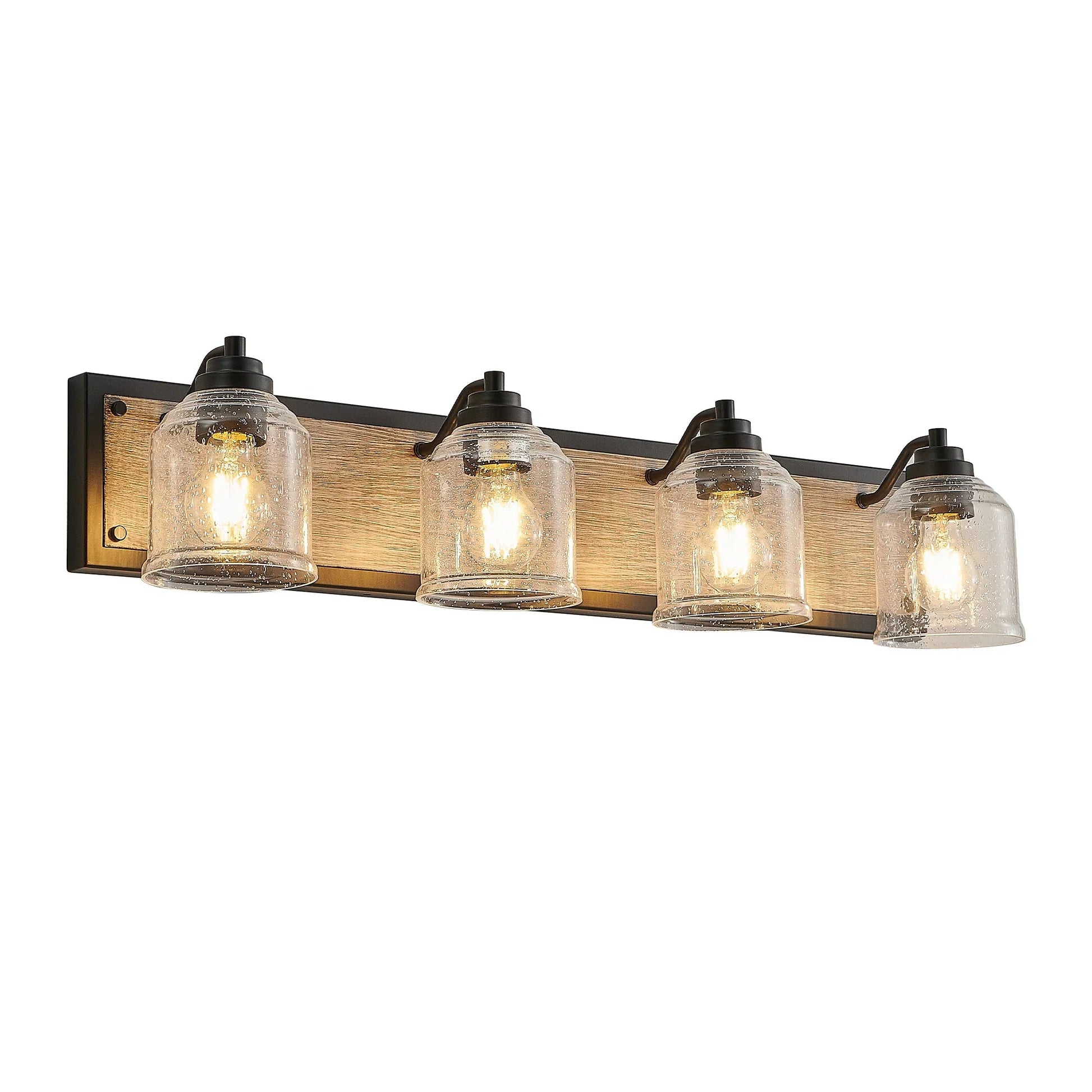 Farmhouse Vanity Light Fixture | 3/4/5/6-Light Bathroom Wall Sconce with Clear Seeded Glass Shades & Antique Wood Backplate 4-light